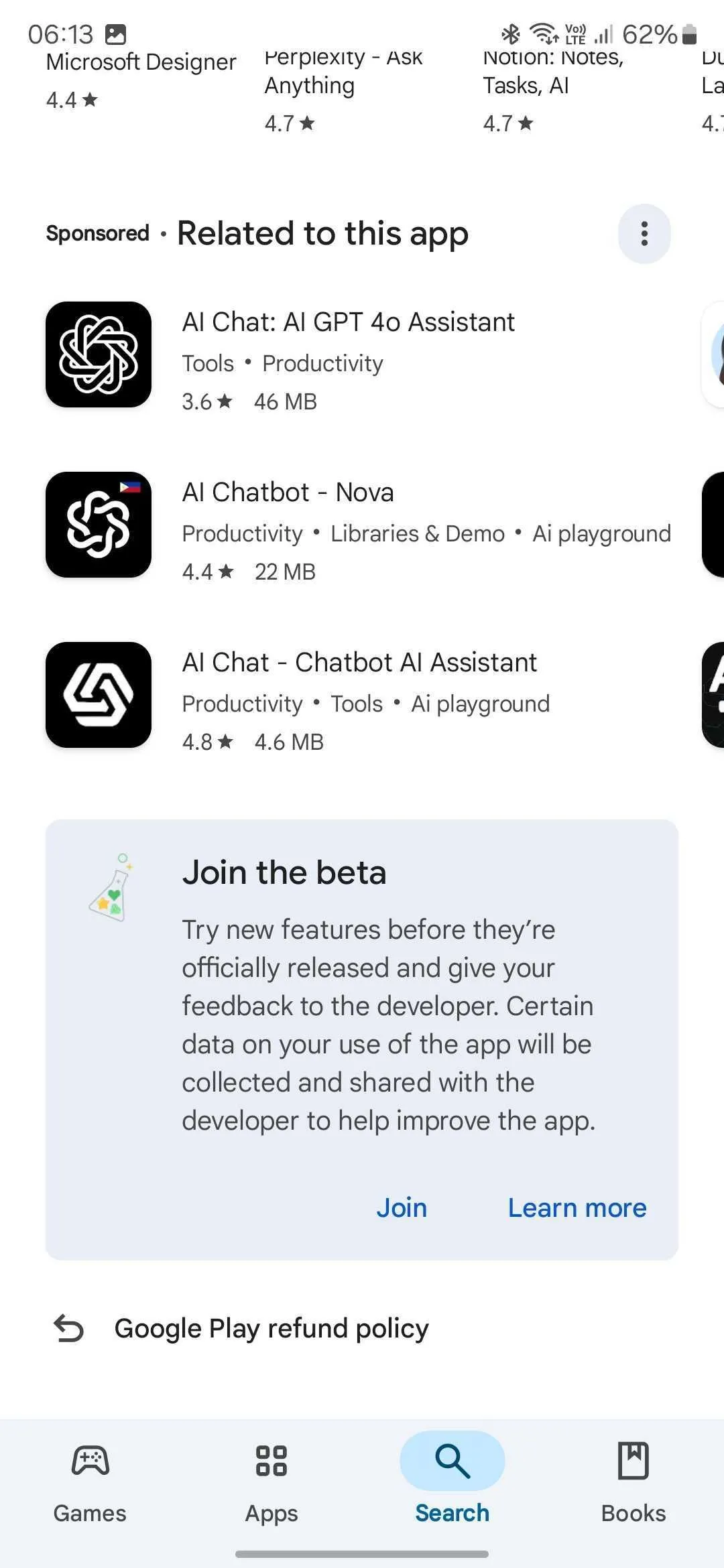 Giao diện Google Play Store hiển thị tùy chọn tham gia chương trình beta của ứng dụng ChatGPT