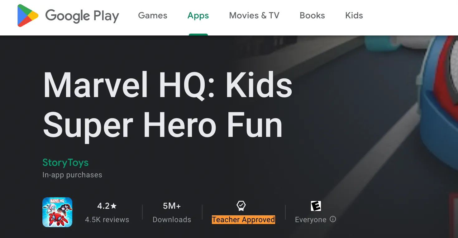 Giao diện Google Play Store hiển thị ứng dụng Marvel HQ được đánh dấu &quot;Teacher Approved&quot; phù hợp cho trẻ em trên đồng hồ thông minh