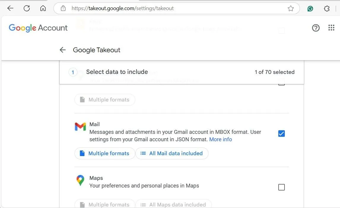 Giao diện Google Takeout với tùy chọn Mail (Thư) đã được chọn để tải dữ liệu Gmail