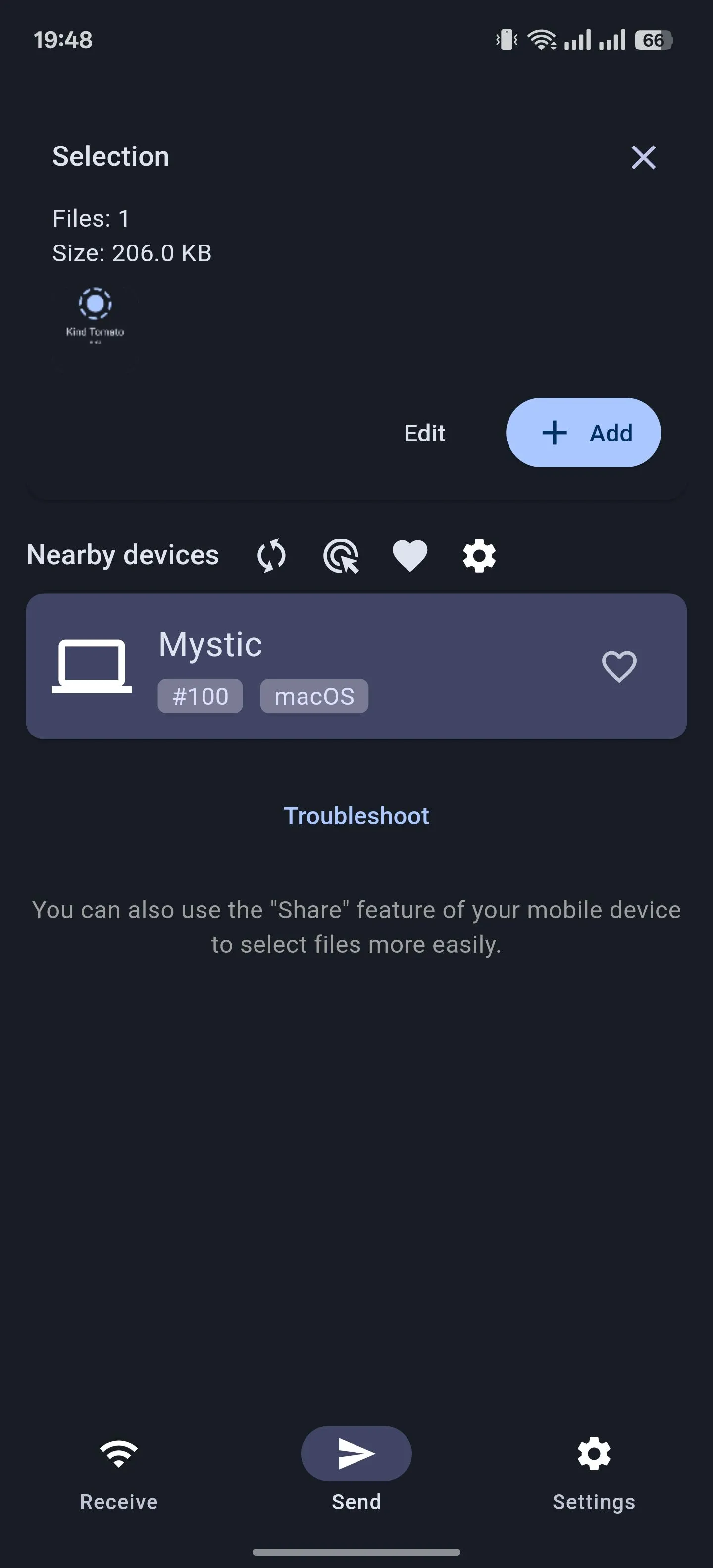 Giao diện gửi file của ứng dụng chuyển đổi dữ liệu LocalSend trên Android.