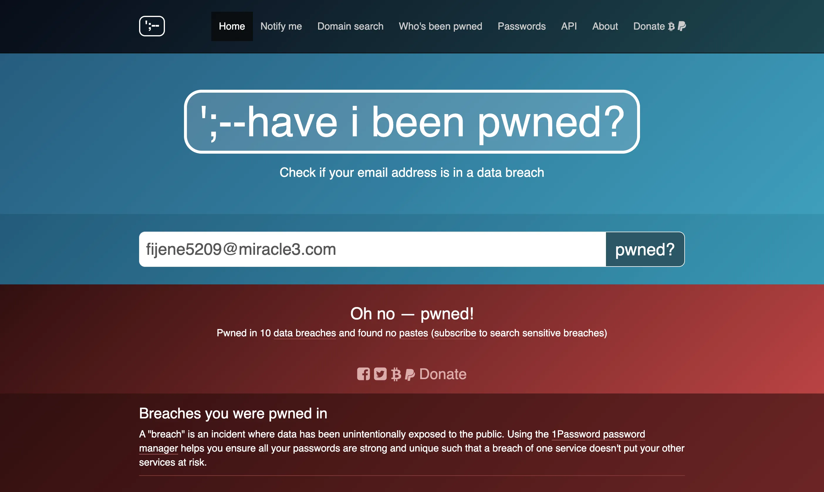 Giao diện Have I Been Pwned kiểm tra email bị rò rỉ trong các vụ vi phạm dữ liệu