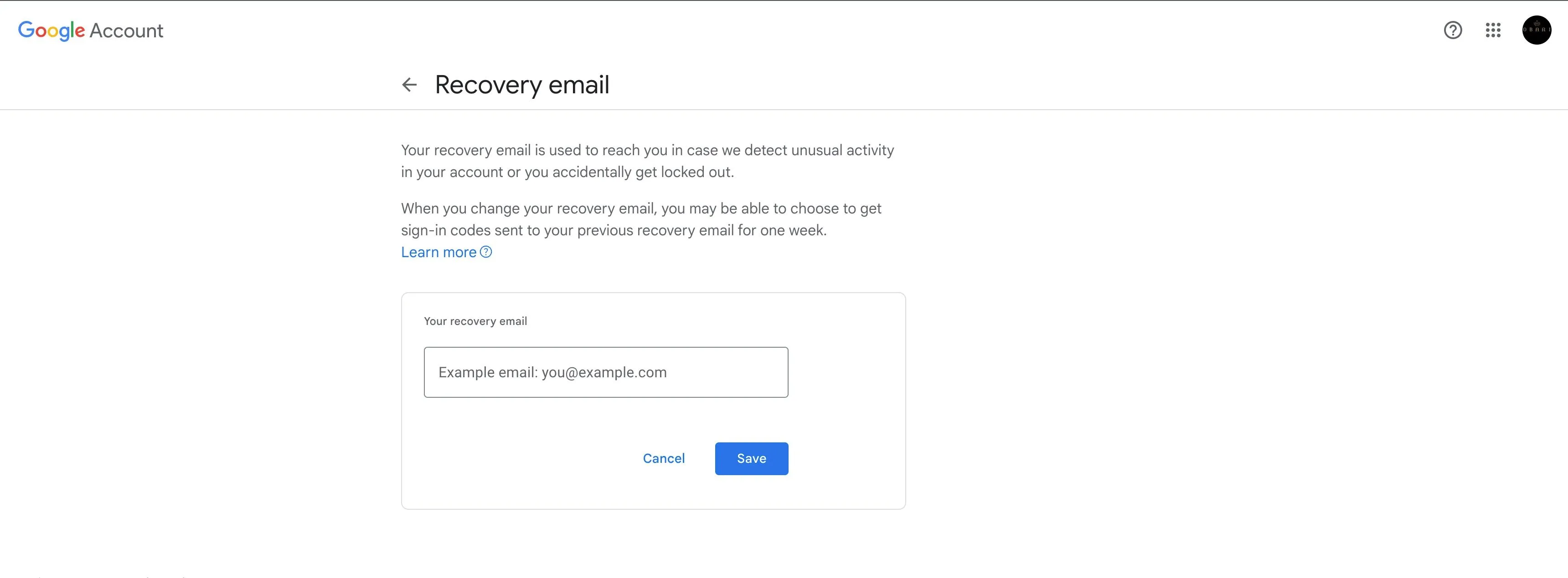 Giao diện hộp nhập email khôi phục trong tài khoản Google, minh họa tầm quan trọng của việc cập nhật tùy chọn phục hồi tài khoản.
