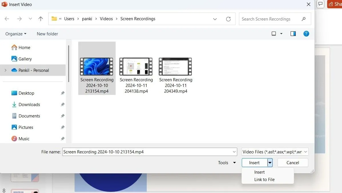 Giao diện hộp thoại Insert Video trong PowerPoint, hiển thị tùy chọn chèn hoặc liên kết file video từ máy tính