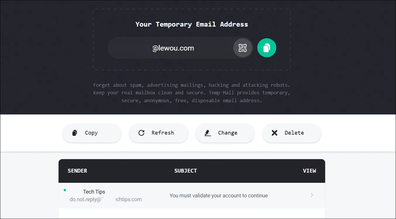 Giao diện hộp thư đến của Temp-Mail hiển thị email xác minh tài khoản tạm thời