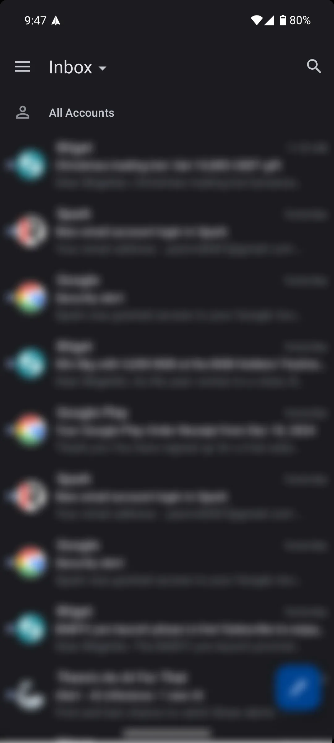 Giao diện hộp thư đến ở chế độ Classic view của Spark Mail trên Android, hiển thị tất cả email theo trình tự thời gian