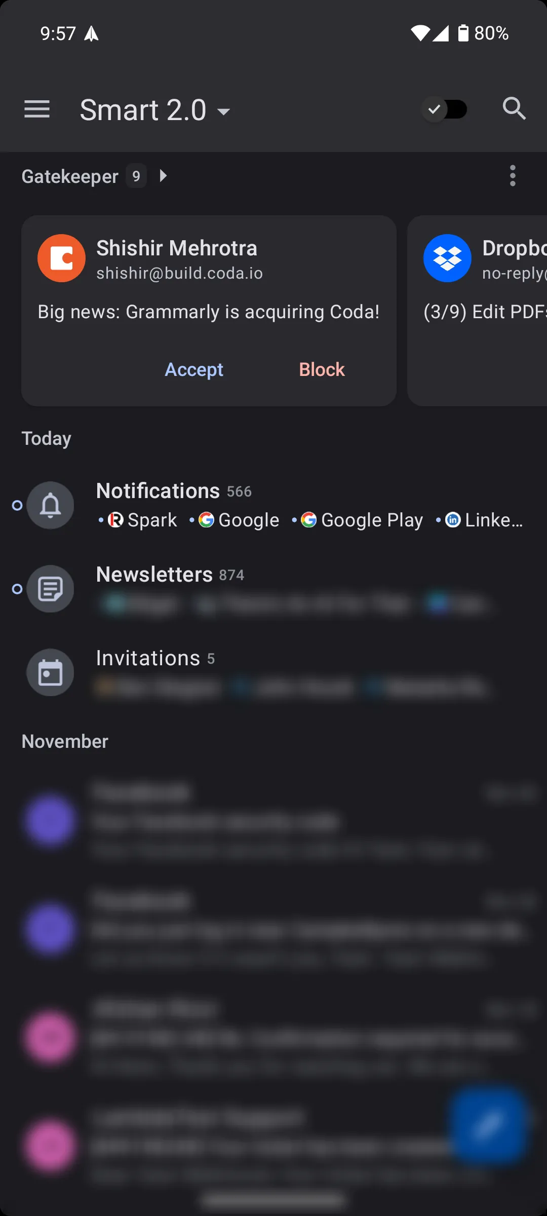 Giao diện hộp thư đến Smart 2.0 của Spark Mail trên Android, với các danh mục email tùy chỉnh và tính năng Gatekeeper