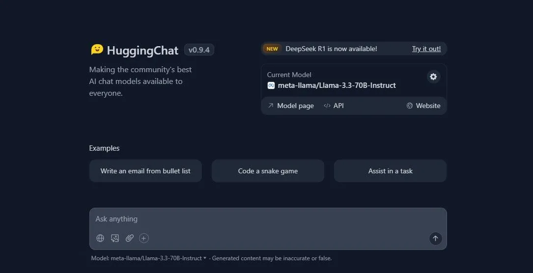 Giao diện HuggingChat, một nền tảng AI bên thứ ba