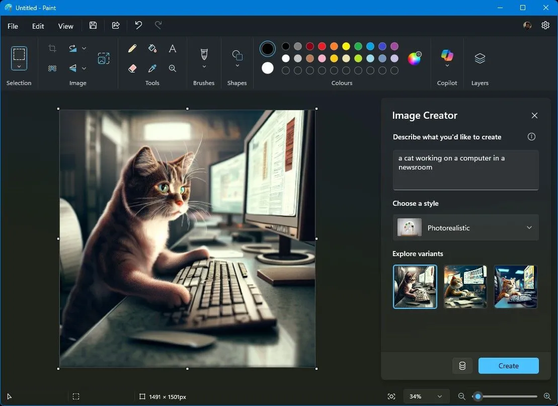 Giao diện Image Creator trong Microsoft Paint, cho phép tạo hình ảnh bằng AI từ mô tả văn bản, hiển thị các tùy chọn phong cách.
