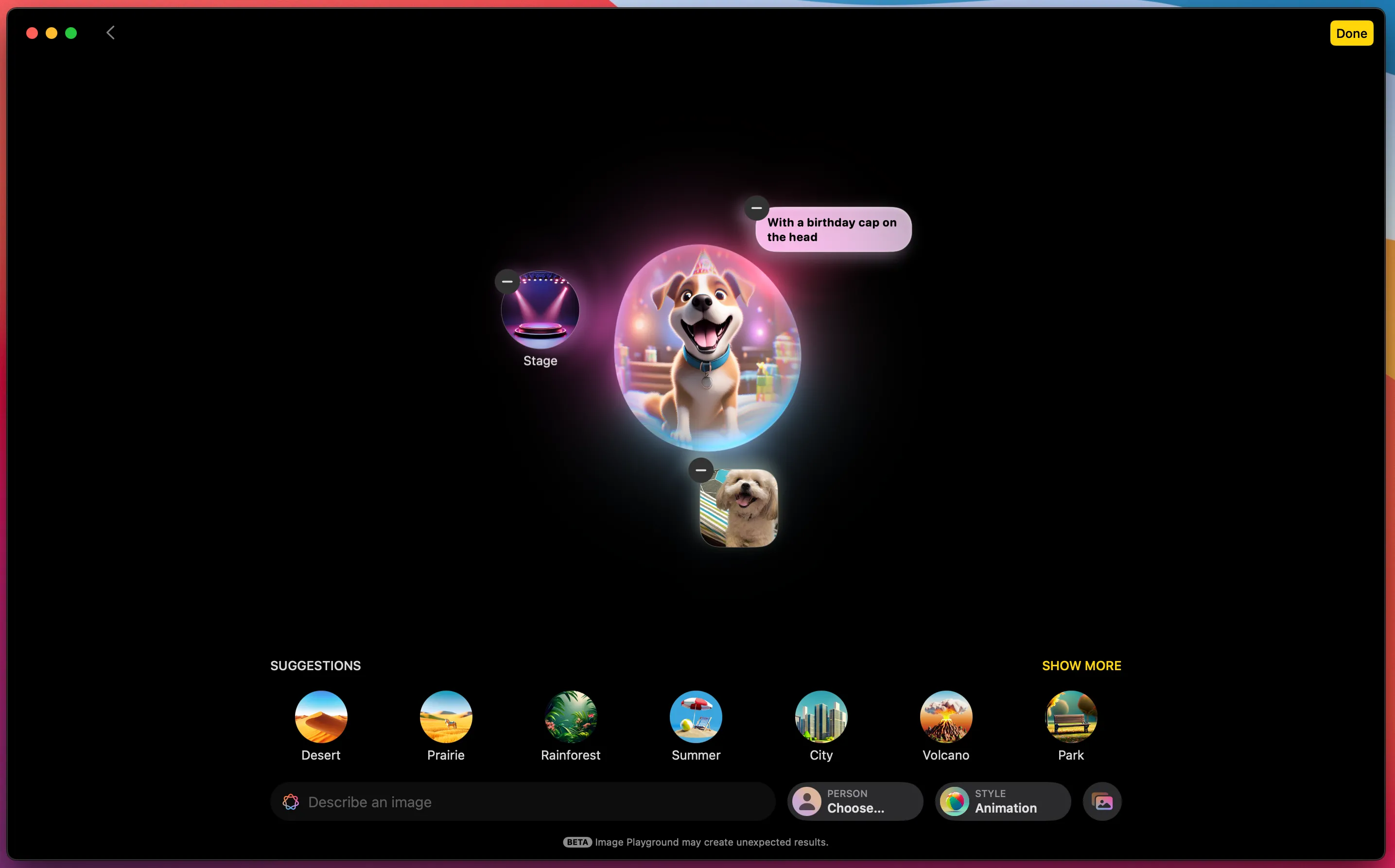 Giao diện Image Playground của Apple Intelligence đang tạo hình ảnh AI về một chú chó hoạt hình.