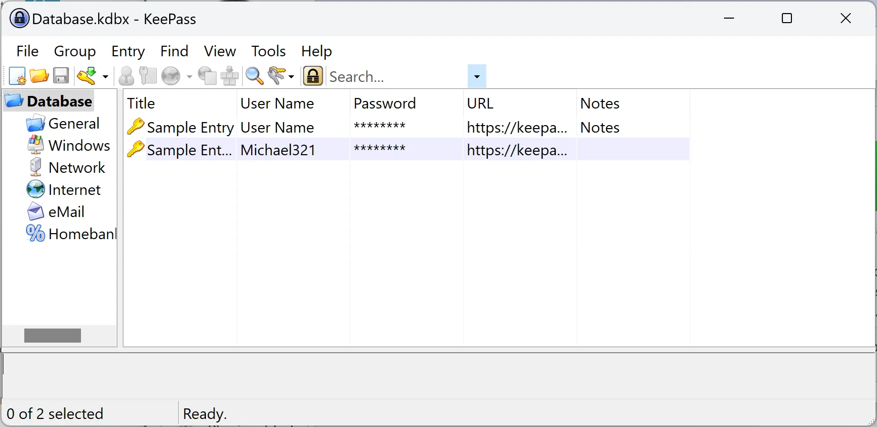 Giao diện KeePass trên điện thoại Android, minh họa cách lưu trữ và truy cập mật khẩu.