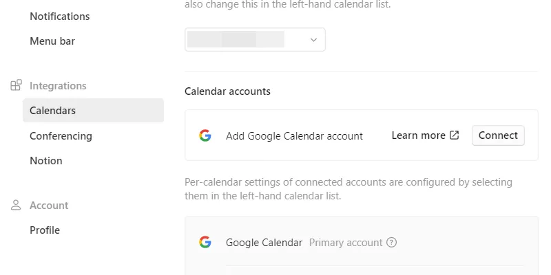Giao diện kết nối tài khoản Google Calendar với Notion Calendar qua nút Connect.