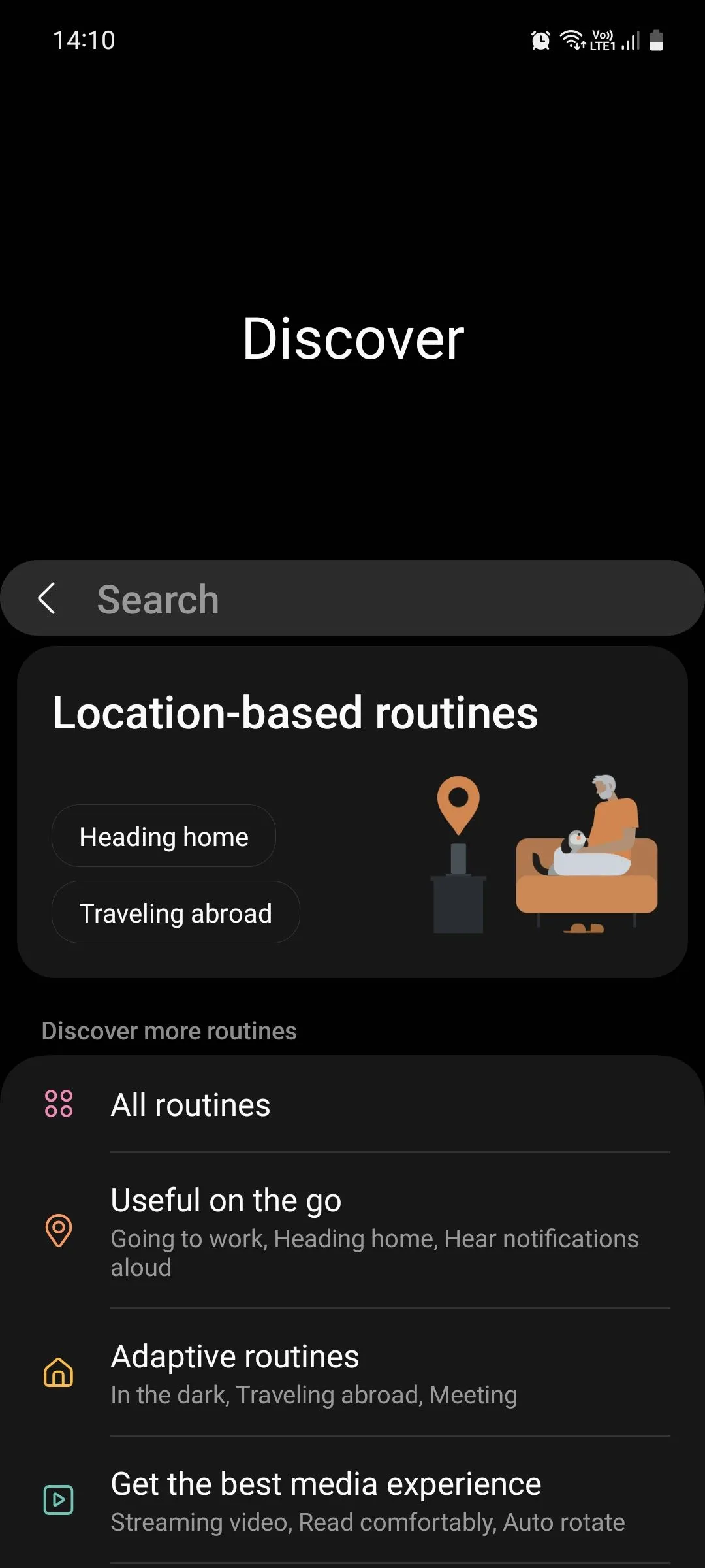Giao diện Khám phá (Discover) trong ứng dụng Samsung Modes and Routines trên Galaxy