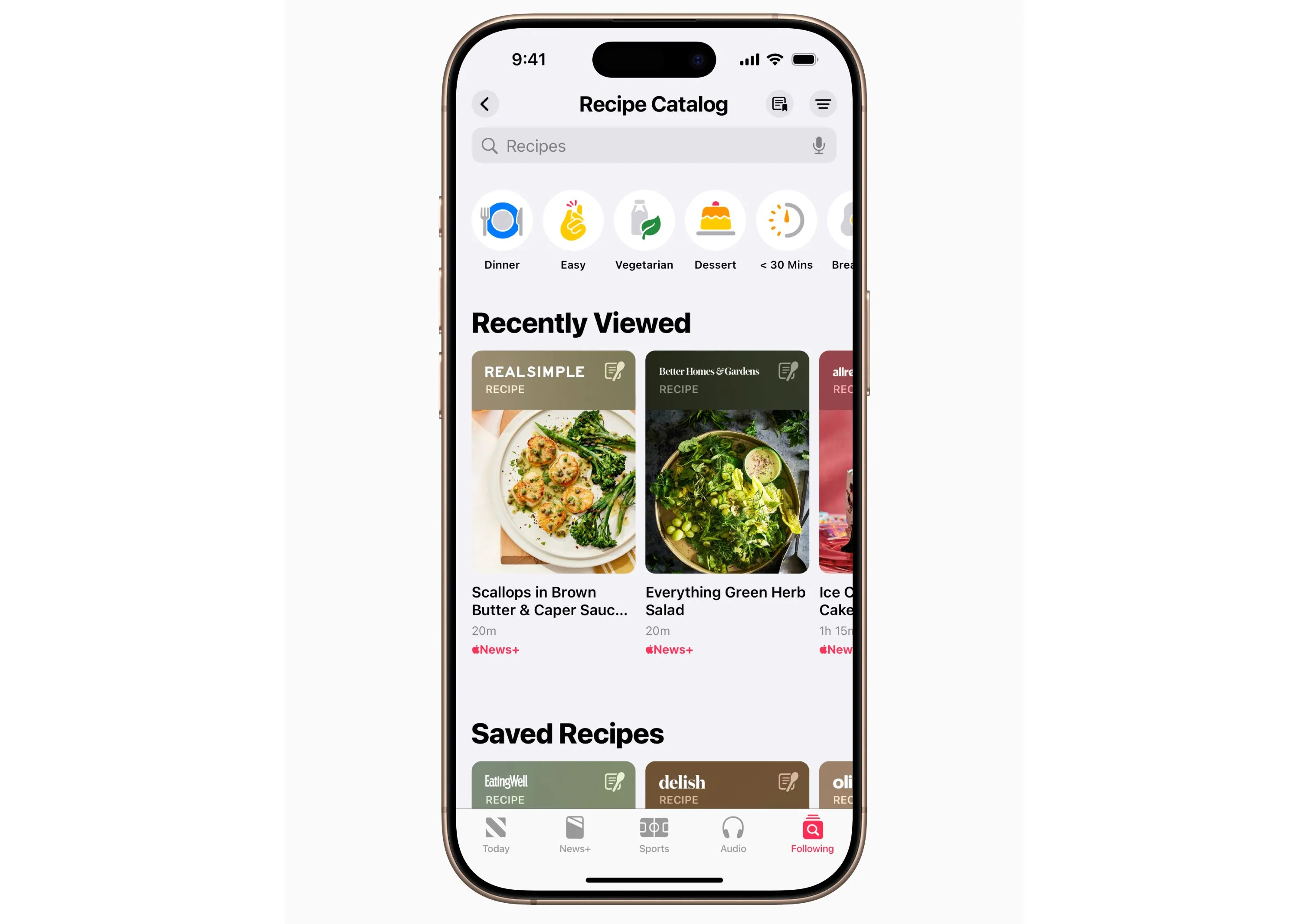 Giao diện Kho Công Thức (Recipe Catalog) của Apple News+ Food, nơi người dùng có thể tìm kiếm và khám phá hàng ngàn công thức nấu ăn.
