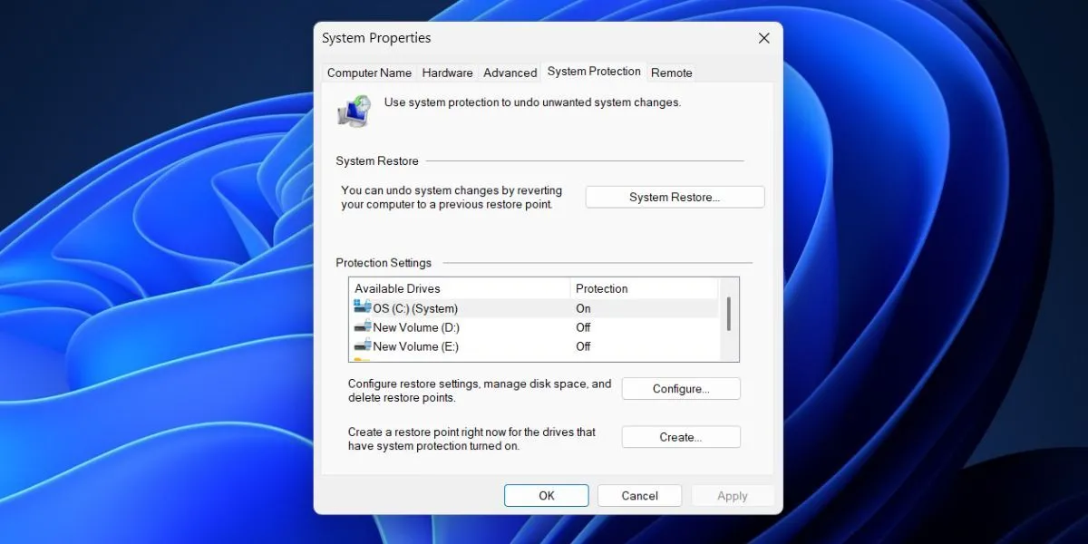 Giao diện Khôi phục Hệ thống trong cài đặt thuộc tính nâng cao của Windows