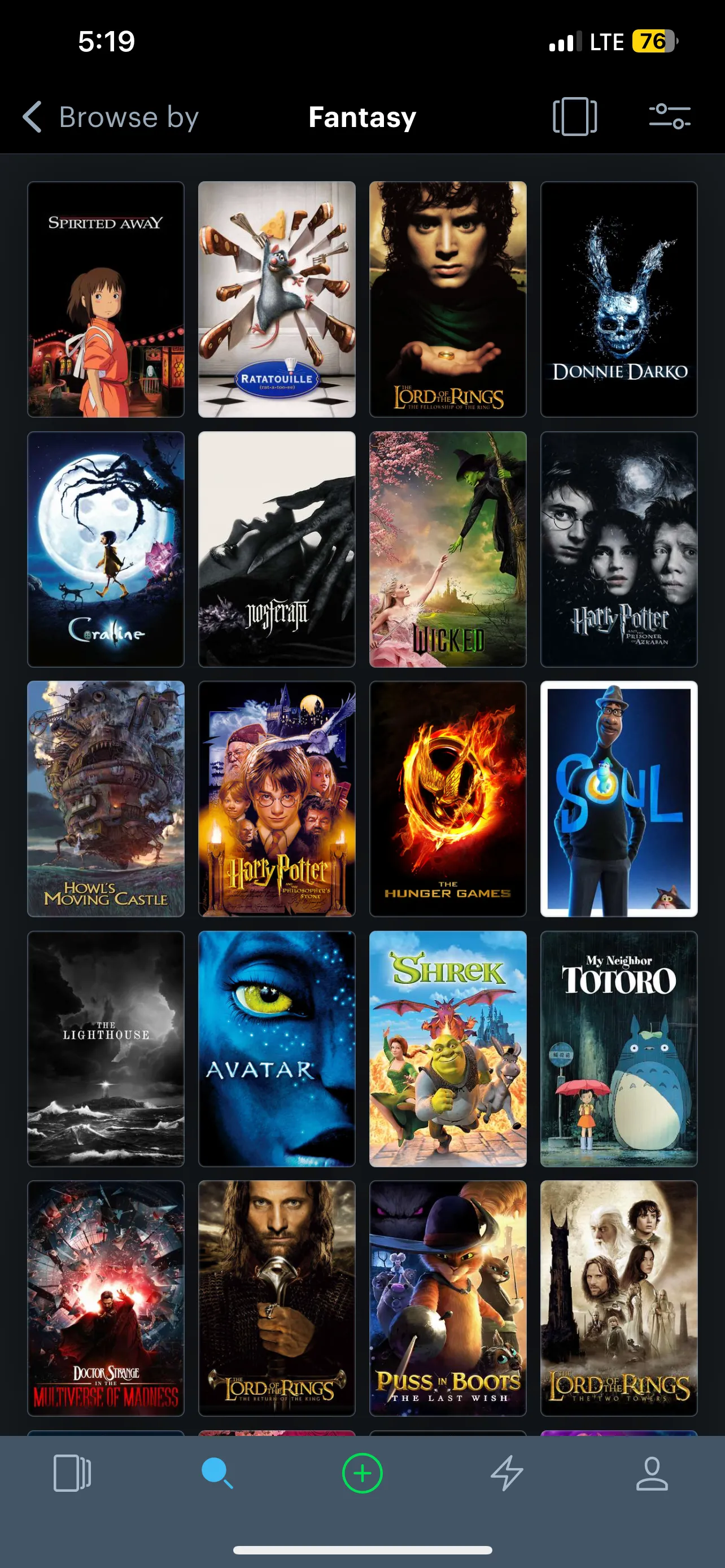 Giao diện Letterboxd hiển thị danh sách phim thể loại giả tưởng, bao gồm Avatar và Spirited Away