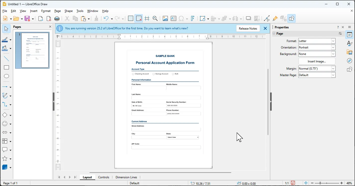 Giao diện LibreOffice Draw khi chỉnh sửa tài liệu PDF, hiển thị các công cụ và thanh công cụ làm việc.