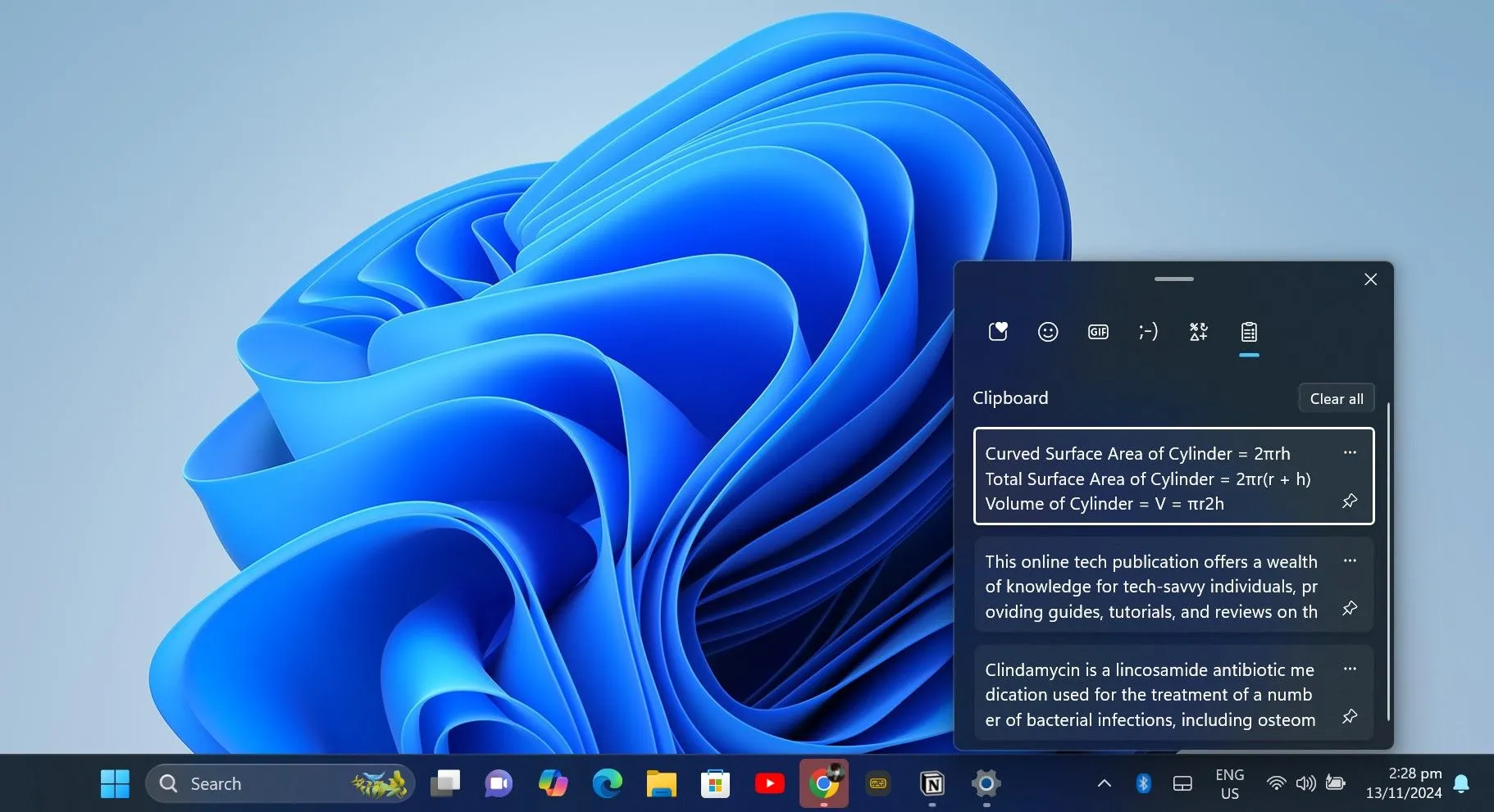 Giao diện lịch sử bảng tạm (Clipboard History) trên Windows với các mục đã sao chép