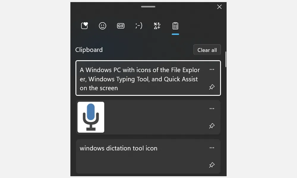 Giao diện Lịch sử Bộ nhớ tạm (Clipboard History) trên Windows 11 hiển thị các mục đã sao chép gần đây