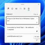 Giao diện lịch sử Clipboard trên Windows 11 với tùy chọn ghim mục được đánh dấu