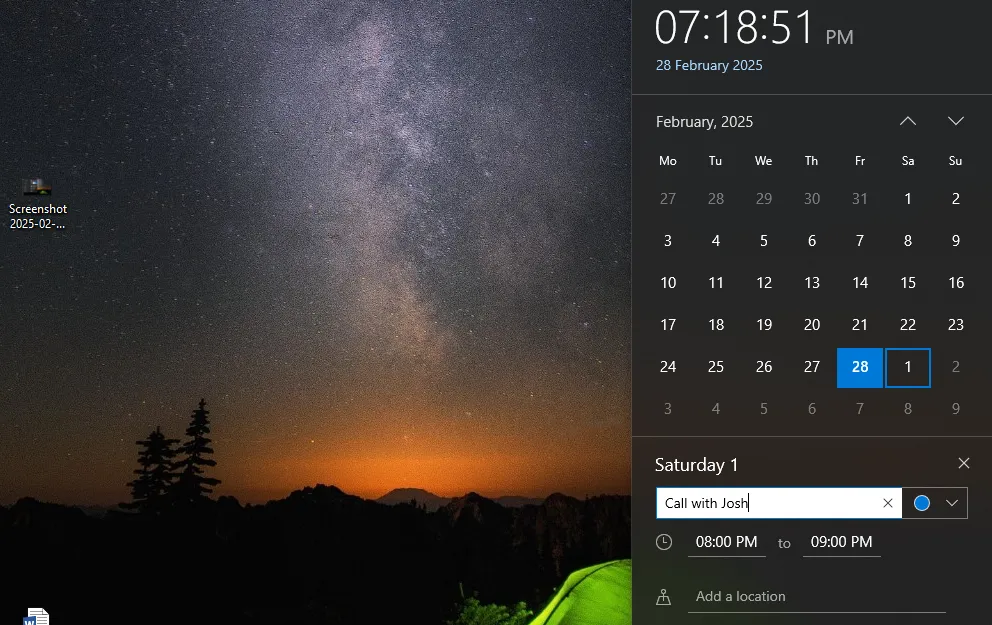 Giao diện lịch tích hợp trên thanh tác vụ Windows 10 cho phép thêm sự kiện nhanh chóng
