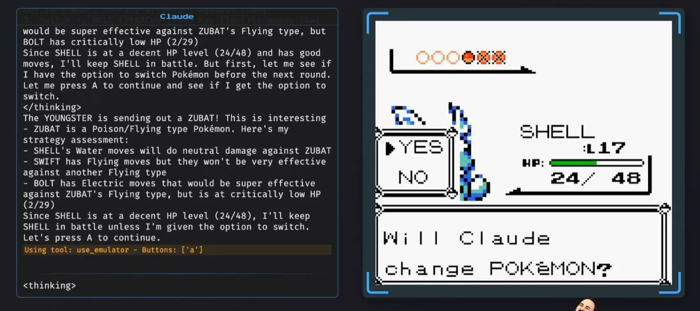 Giao diện livestream Claude AI chơi Pokémon trên Twitch hiển thị cửa sổ suy luận và quá trình ra quyết định của AI.