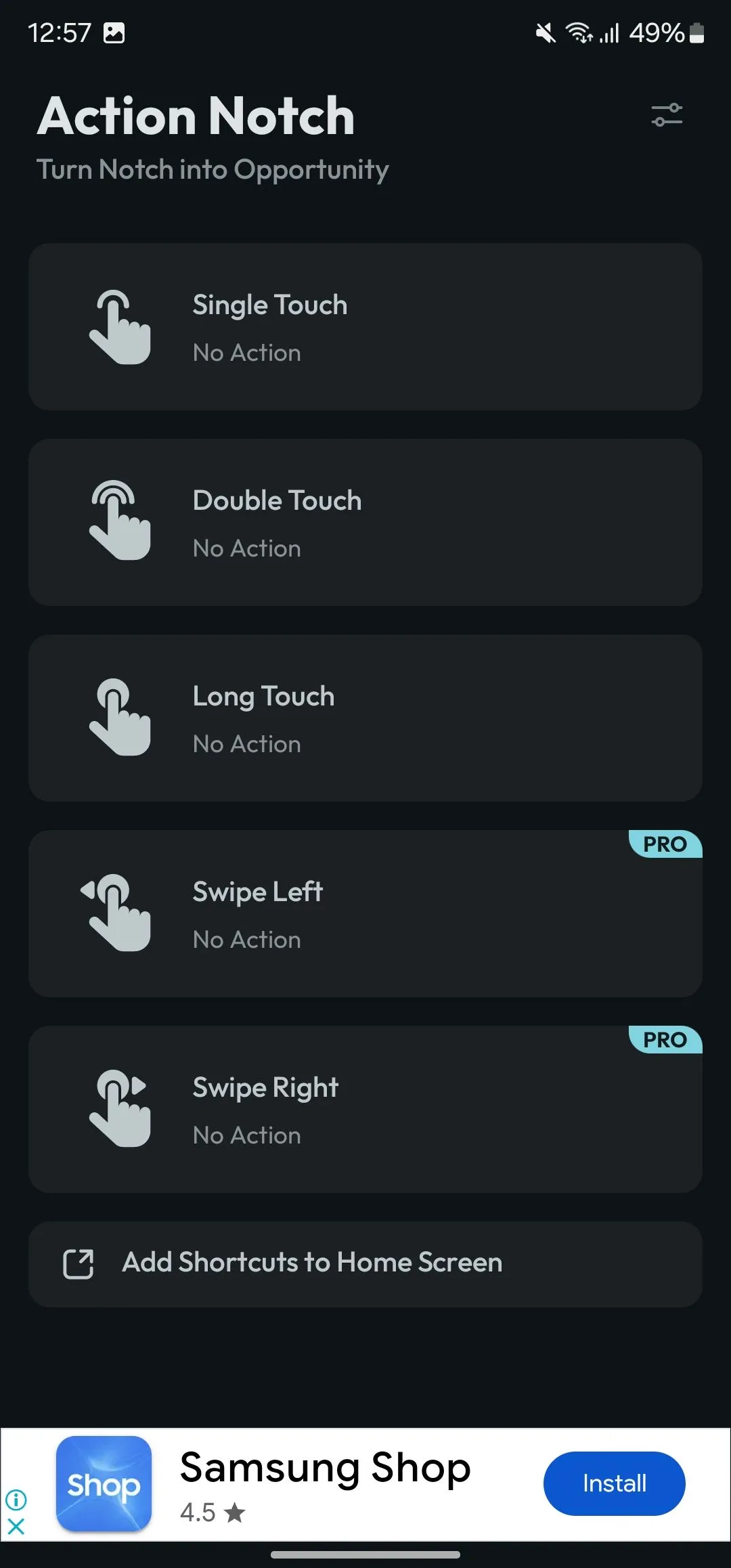Giao diện lựa chọn cử chỉ và hành động trong ứng dụng Action Notch, với tùy chọn cuộn lên đầu trang được đánh dấu.