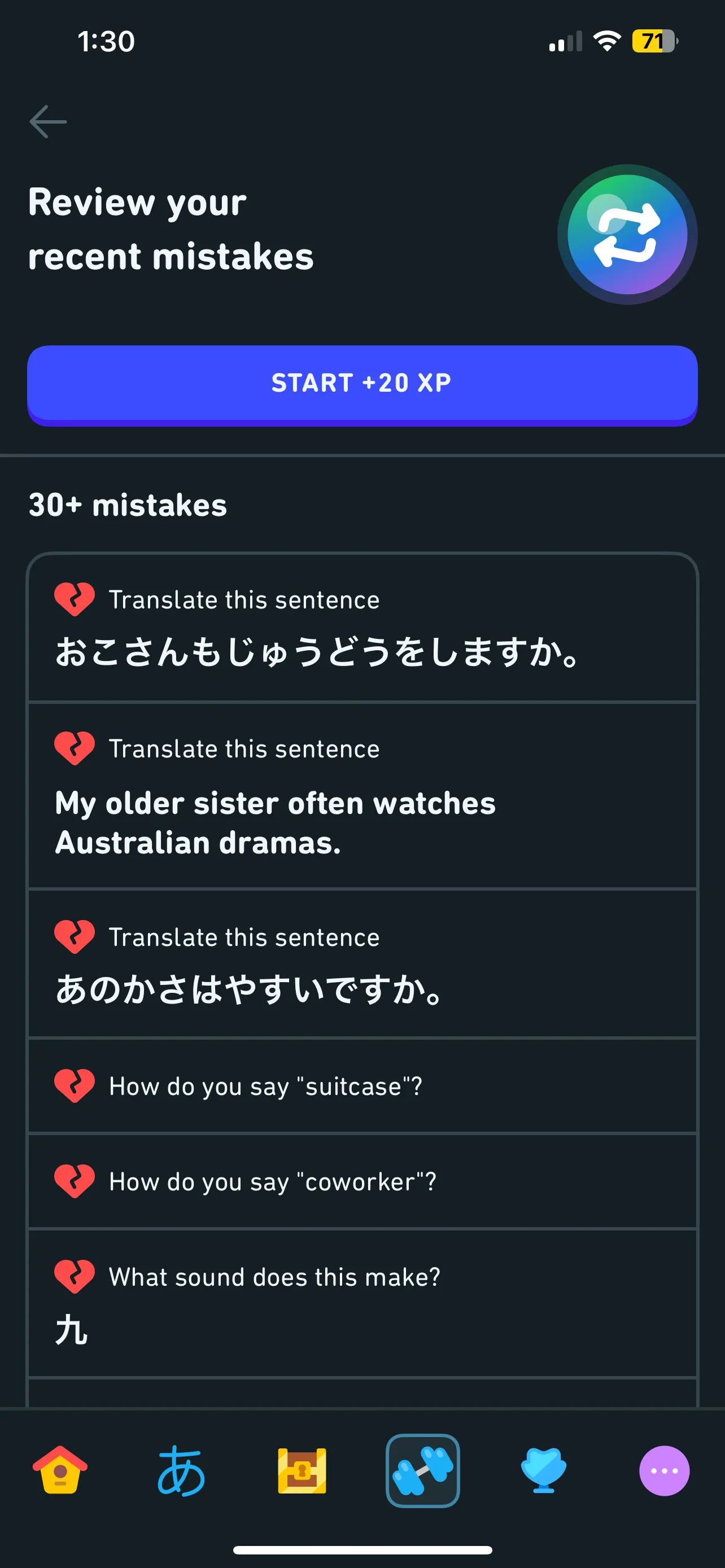 Giao diện luyện tập cá nhân hóa của Duolingo hiển thị 30 lỗi sai gần đây nhất của người học.