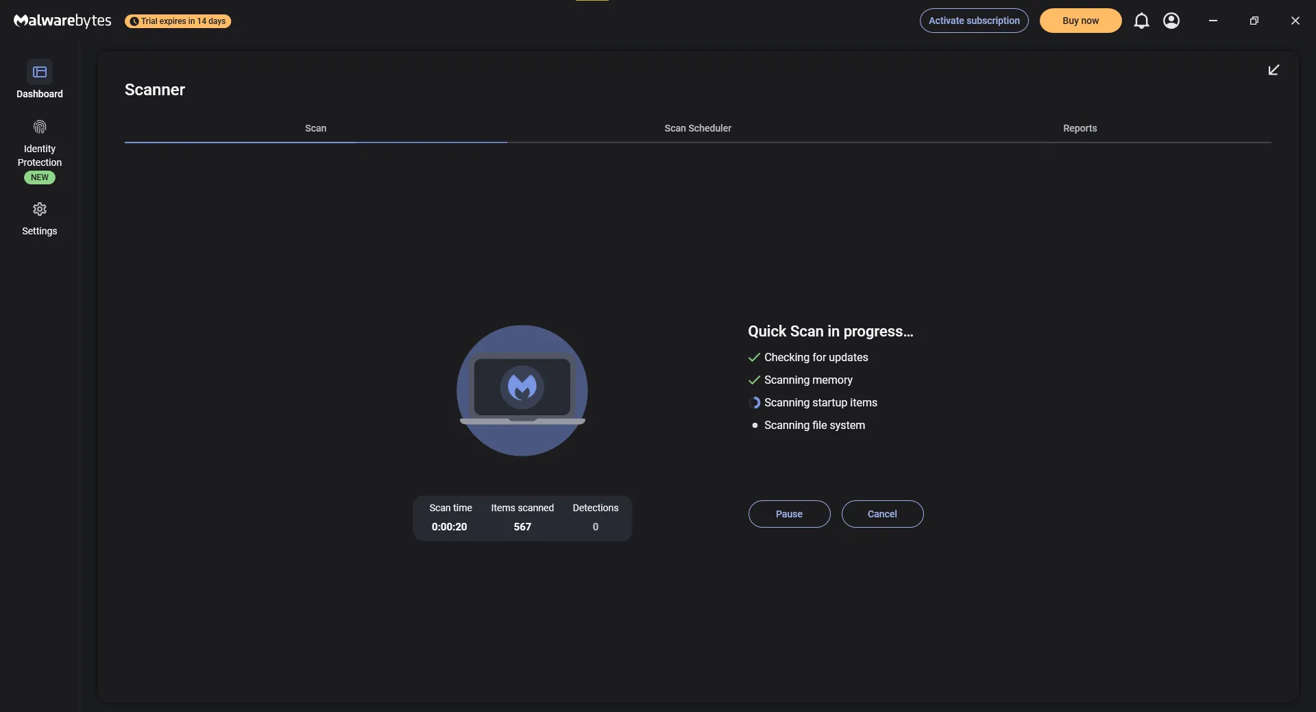 Giao diện Malwarebytes đang thực hiện quét nhanh hệ thống để tìm mã độc