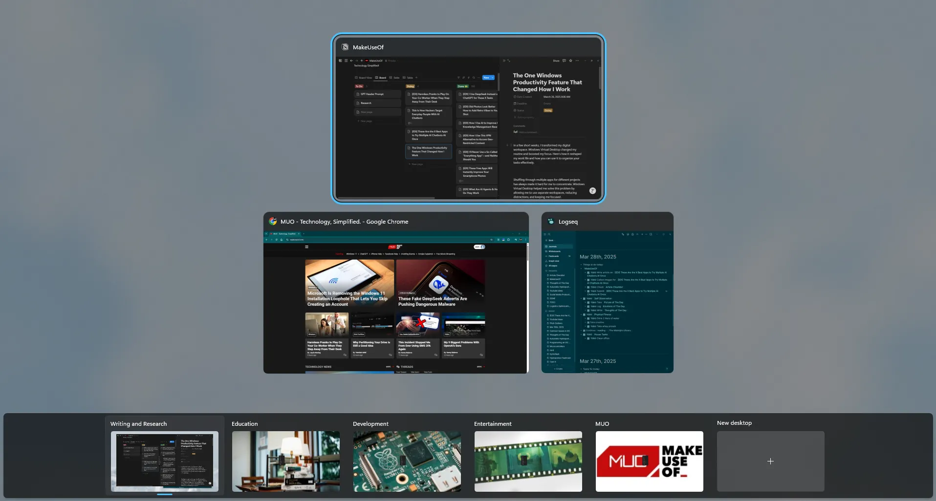 Giao diện màn hình ảo Windows hiển thị nhiều không gian làm việc tùy chỉnh cho các dự án khác nhau