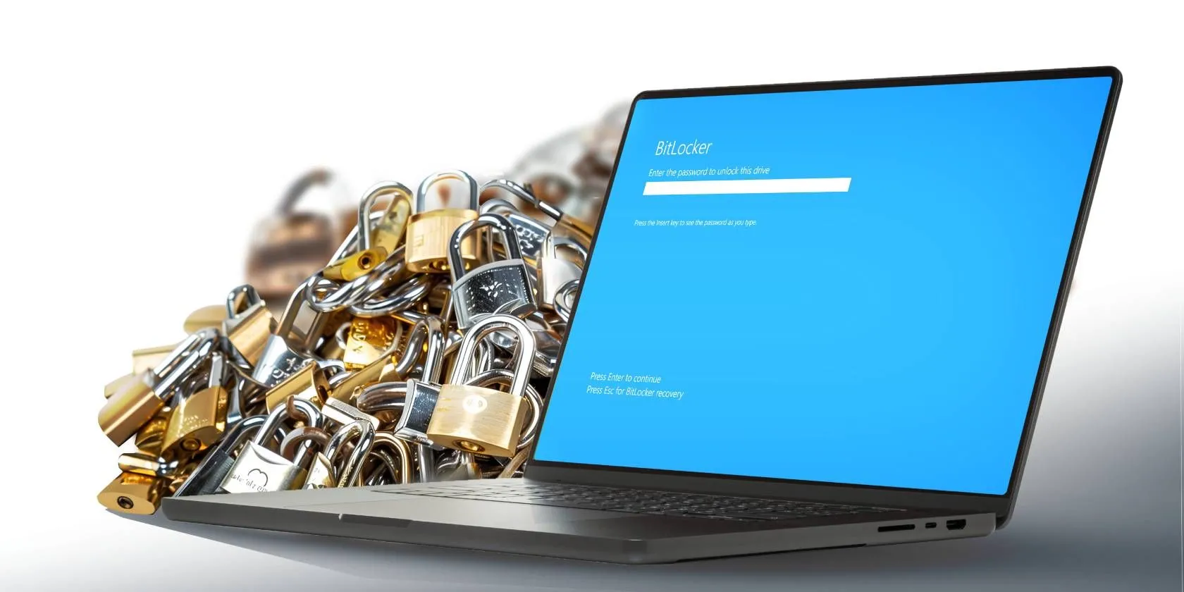 Giao diện màn hình máy tính xách tay hiển thị ô nhập mật khẩu BitLocker với biểu tượng ổ khóa, minh họa tính năng mã hóa dữ liệu trên Windows.