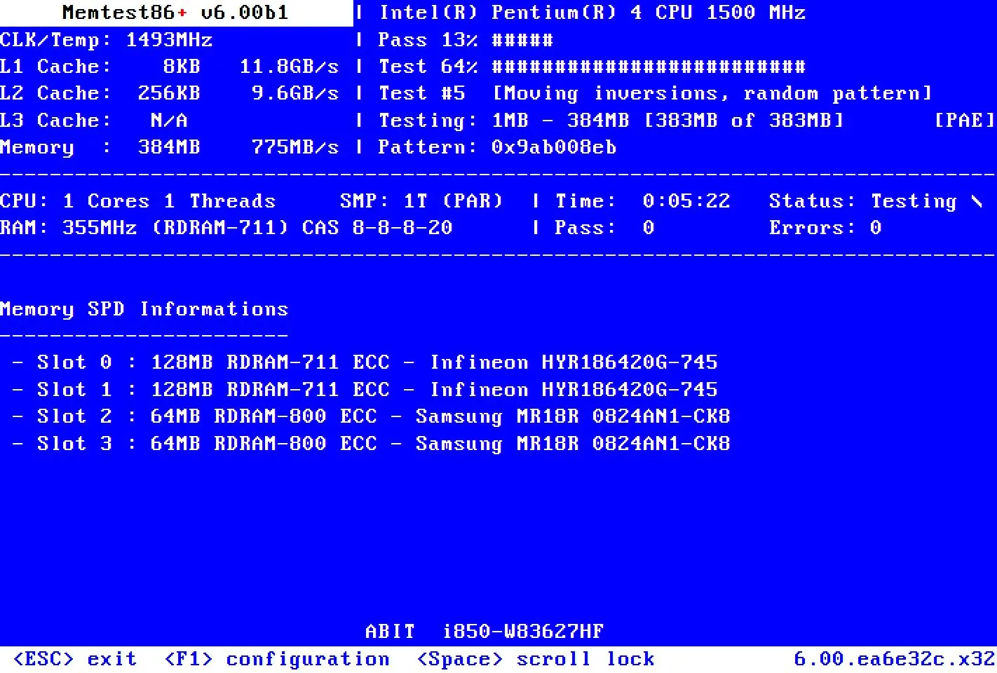 Giao diện MemTest86 đang thực hiện kiểm tra lỗi bộ nhớ RAM trên máy tính