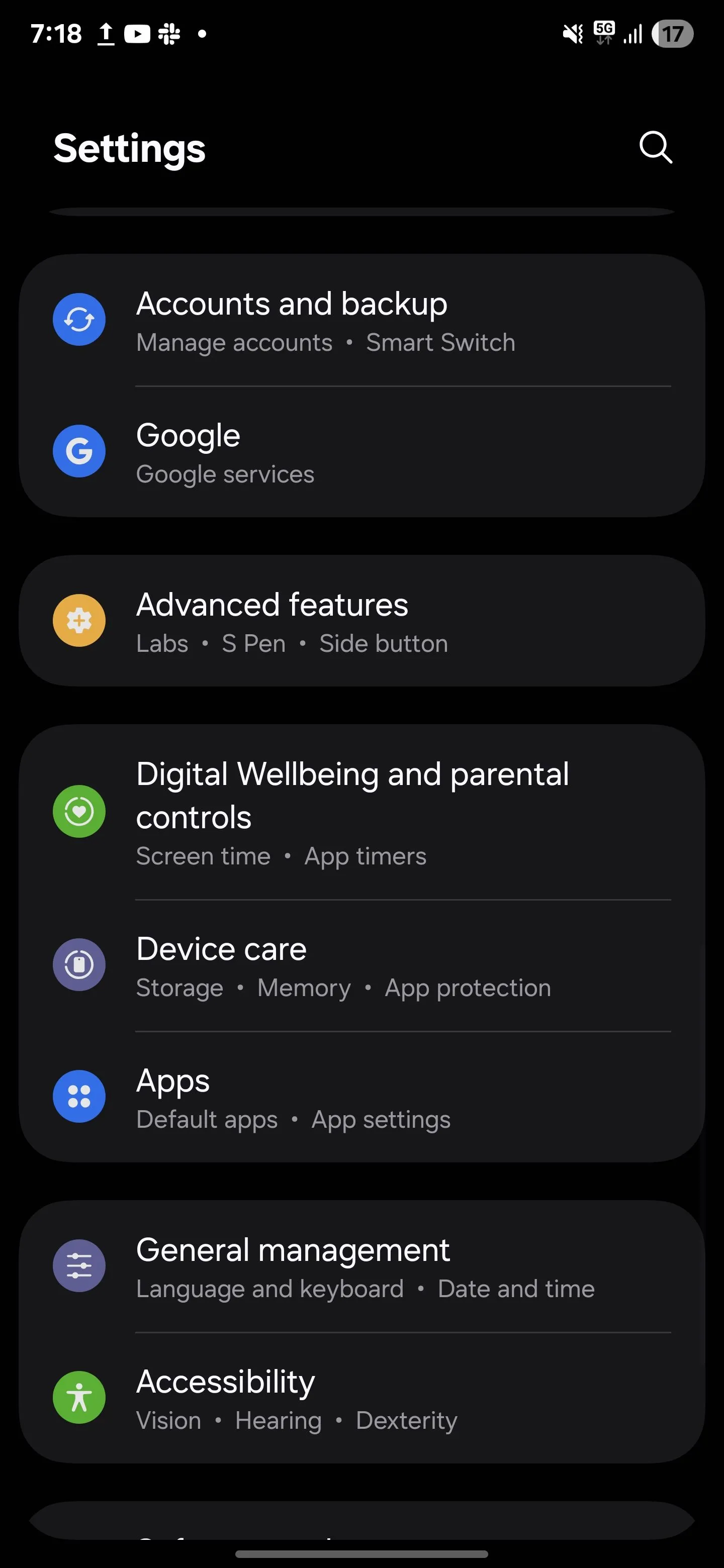 Giao diện menu Cài đặt Nâng cao của Samsung, nơi người dùng có thể tùy chỉnh các cử chỉ và tính năng thông minh cho thiết bị.