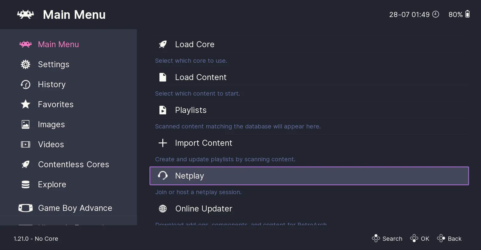 Giao diện menu chính của RetroArch với các tùy chọn tải lõi (Load Core) và tải nội dung (Load Content)