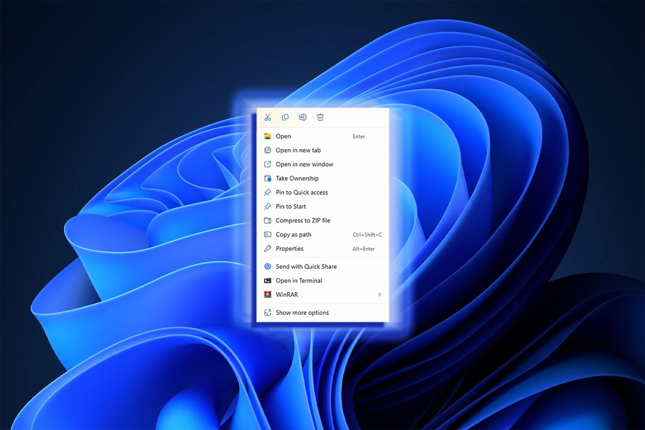 Giao diện menu chuột phải mặc định của Windows 11 với tùy chọn &quot;Hiển thị thêm tùy chọn&quot;