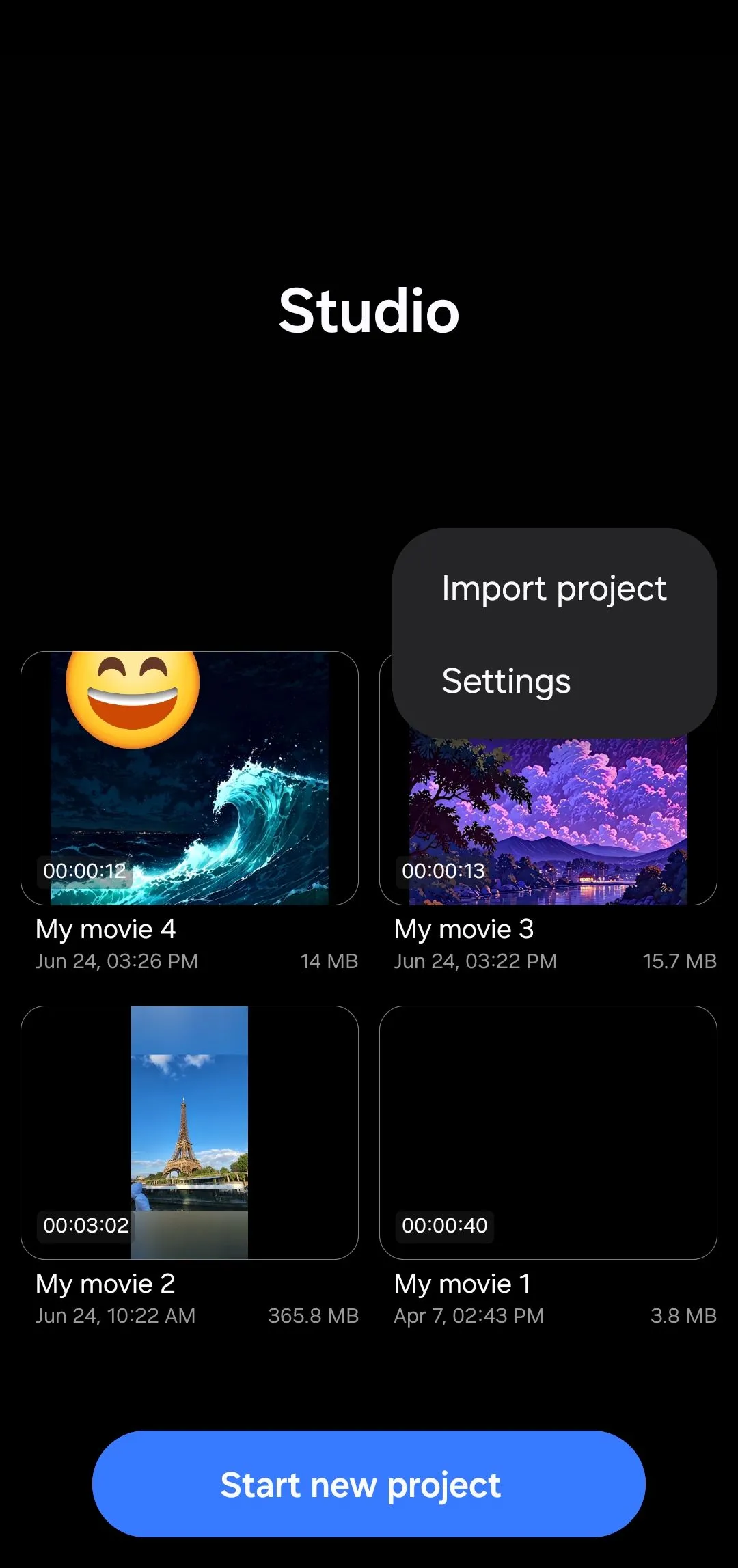 Giao diện menu Samsung Studio trên điện thoại Galaxy