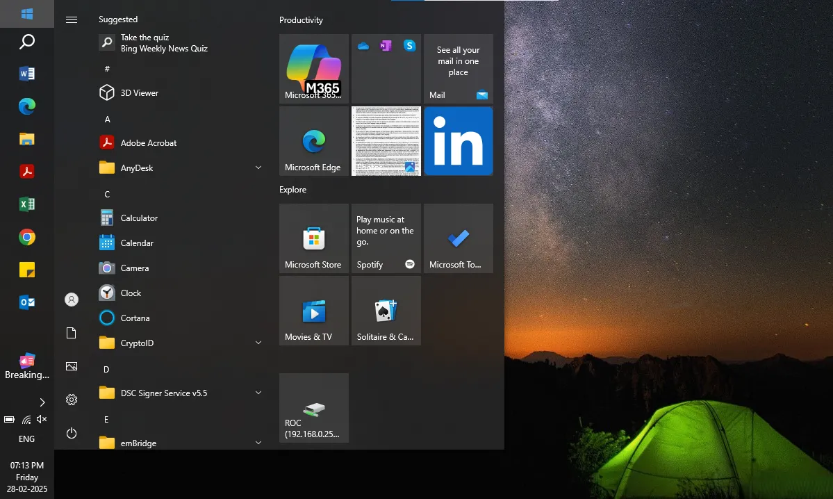 Giao diện Menu Start Windows 10 với thanh tác vụ được di chuyển sang bên trái, thể hiện khả năng tùy biến linh hoạt