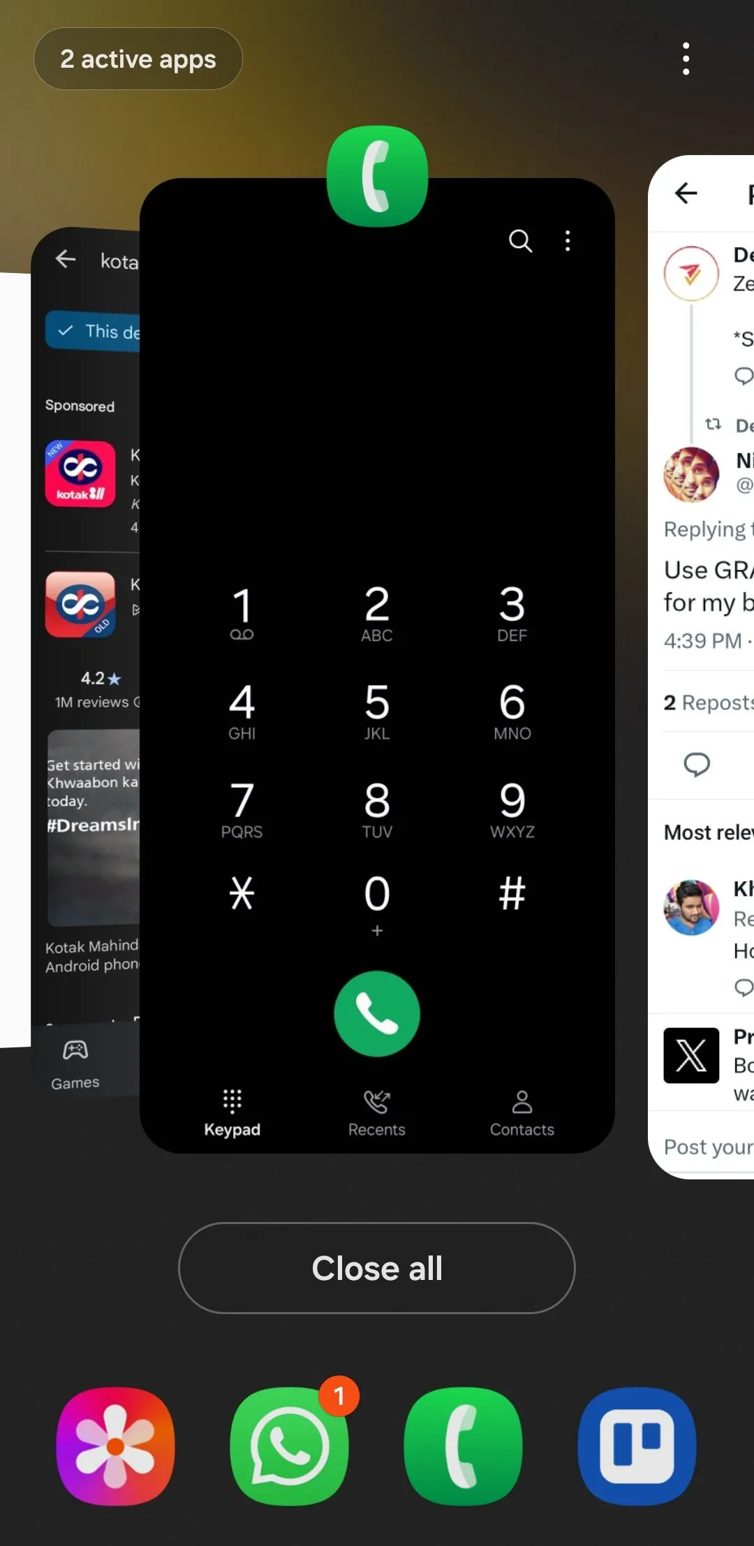 Giao diện menu ứng dụng gần đây trên điện thoại Android cho phép ghim ứng dụng.