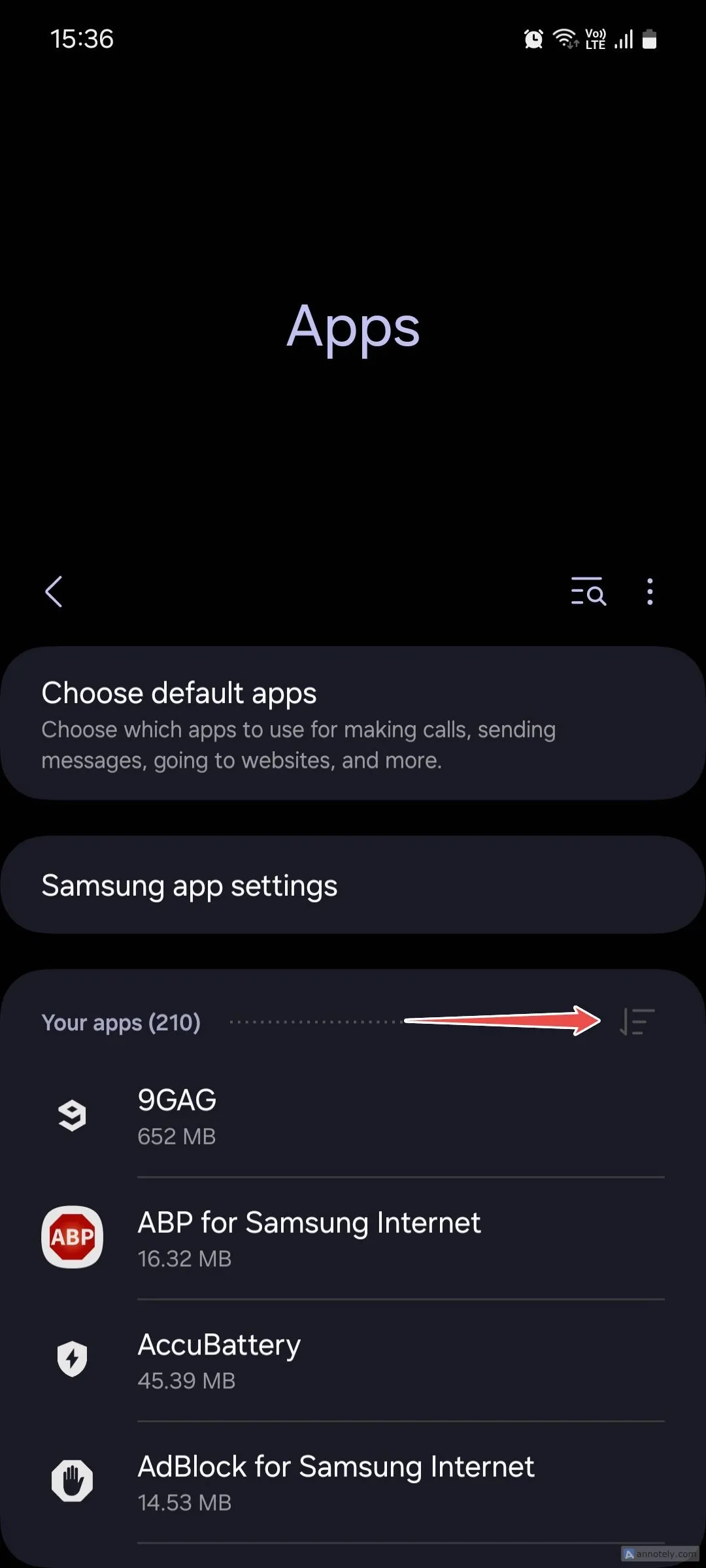 Giao diện menu ứng dụng trên Samsung One UI hiển thị tùy chọn xem ứng dụng hệ thống.