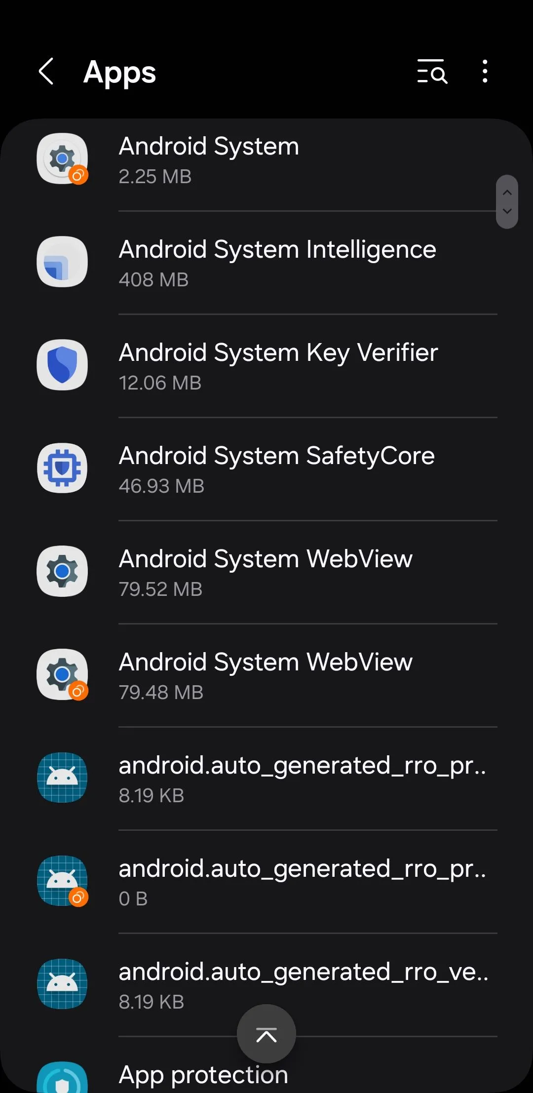 Giao diện menu Ứng dụng trong Cài đặt Android, nơi quản lý các ứng dụng hệ thống