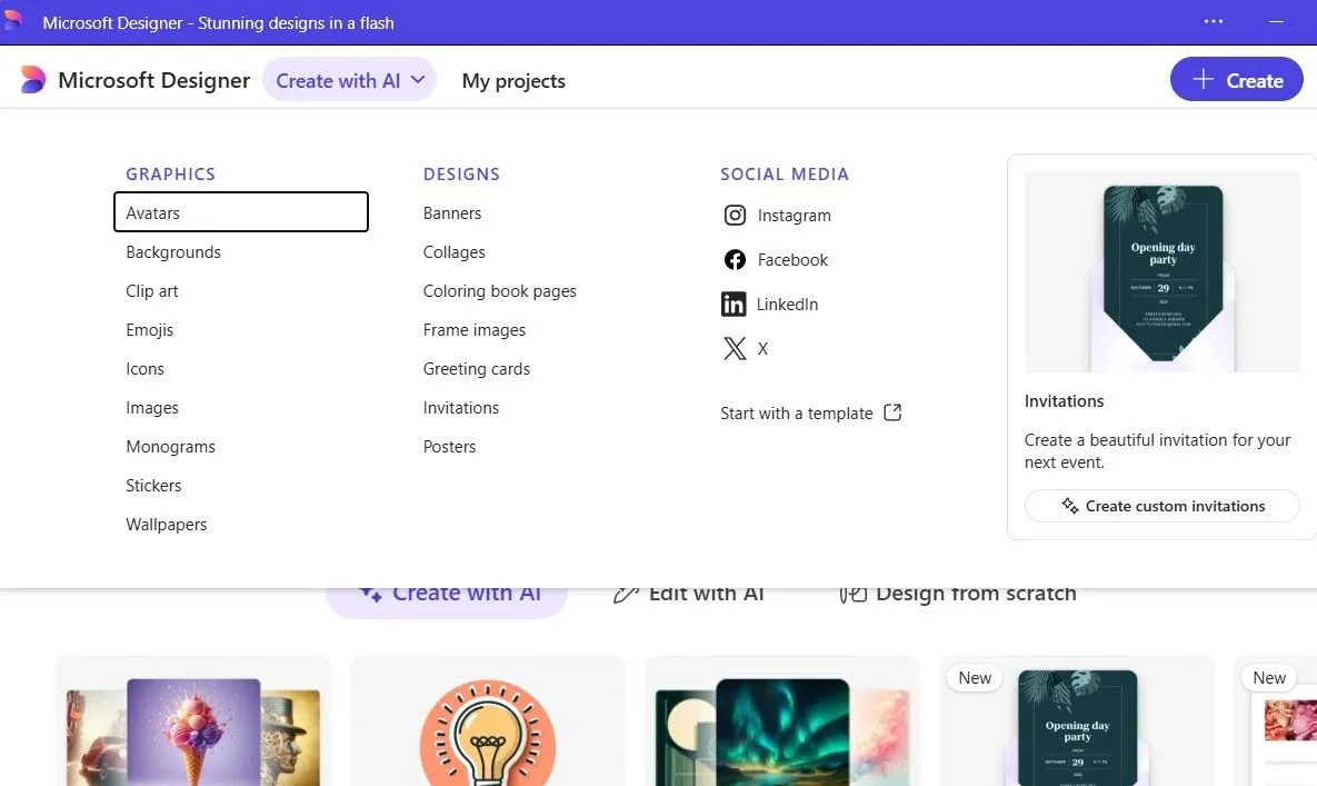 Giao diện Microsoft Designer với tùy chọn tạo thiết kế bằng trí tuệ nhân tạo (AI)