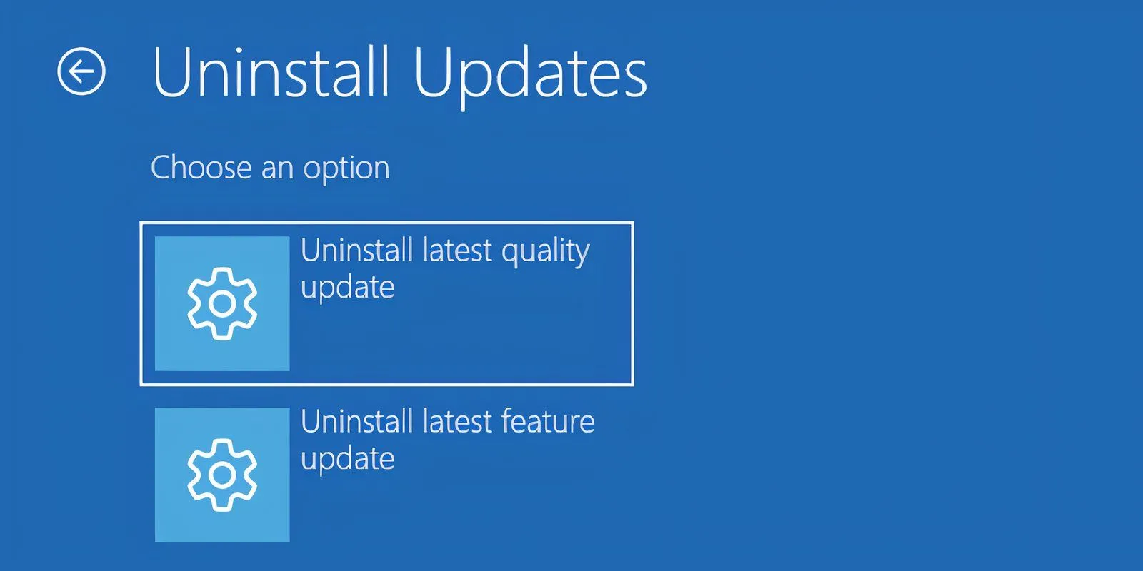 Giao diện môi trường phục hồi Windows với tùy chọn Gỡ cài đặt bản cập nhật được chọn