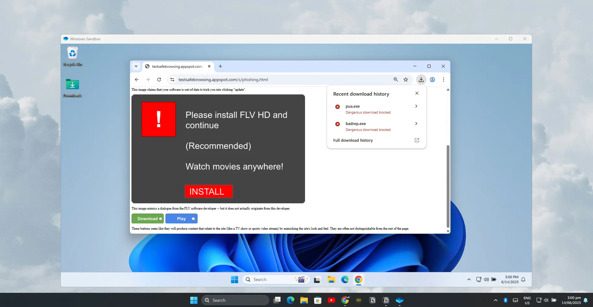 Giao diện môi trường Windows Sandbox đang hoạt động, hiển thị desktop sạch