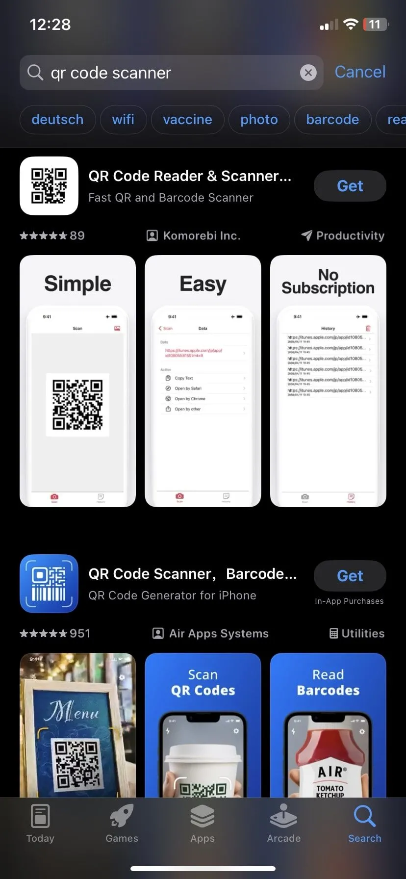 Giao diện một số ứng dụng quét mã QR trên App Store, thường đi kèm quảng cáo hoặc yêu cầu quyền truy cập không cần thiết.