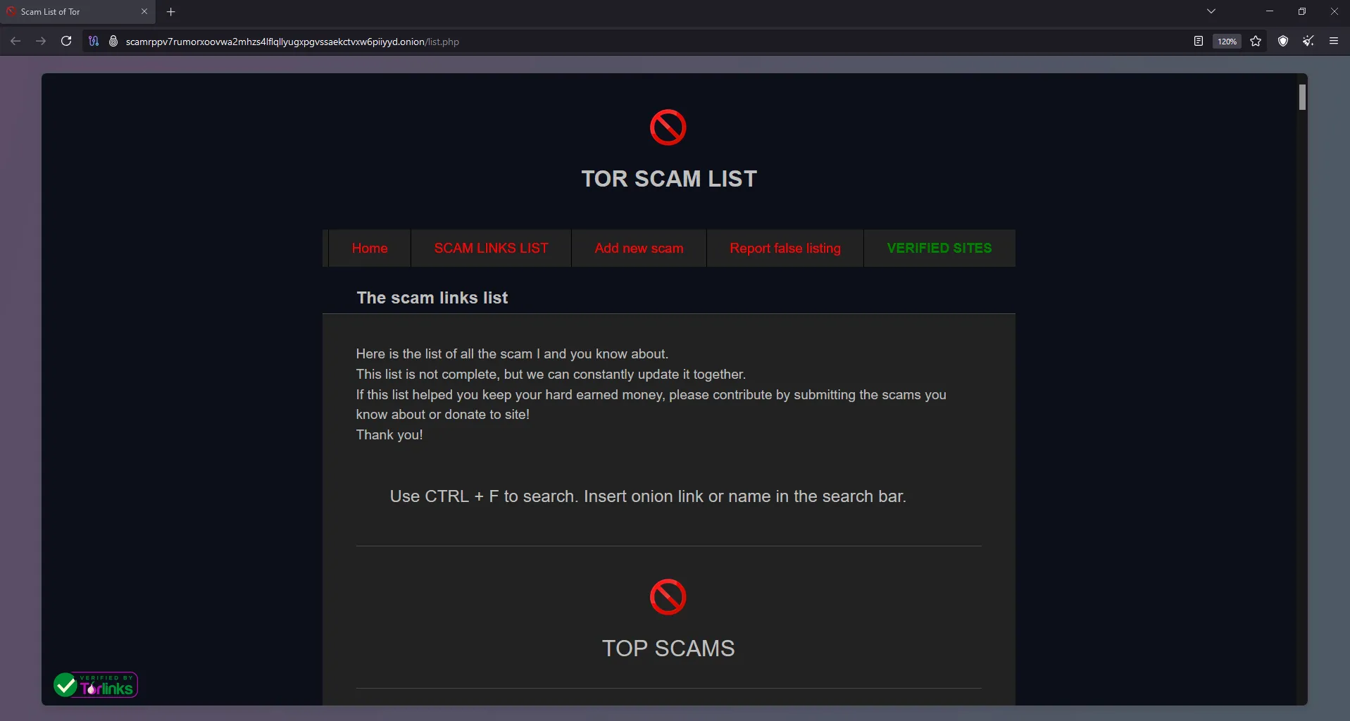 Giao diện một trang web .onion trên Dark Web cảnh báo về các danh sách lừa đảo, nhấn mạnh tầm quan trọng của việc nhận diện và tránh xa các hoạt động gian lận.