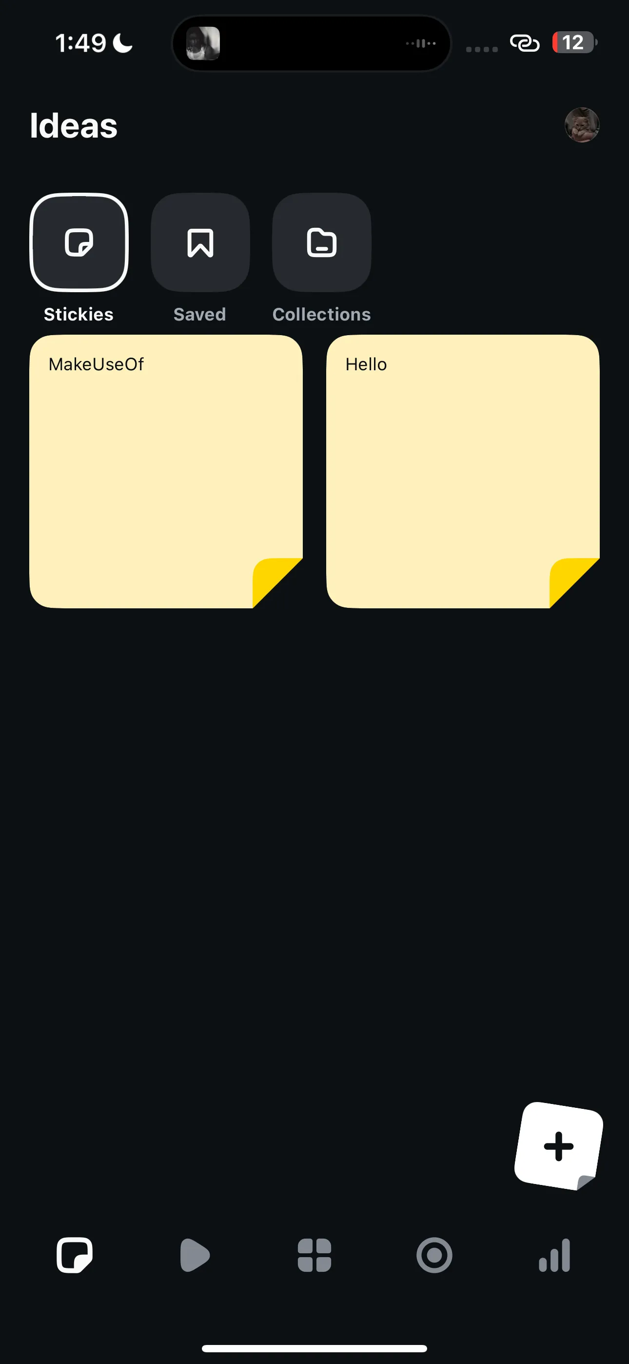 Giao diện mục Stickies trong ứng dụng Edits của Instagram, hiển thị các ghi chú ý tưởng