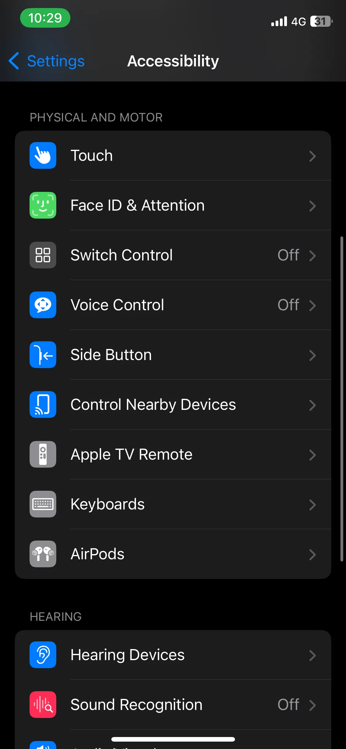 Giao diện mục Trợ năng (Accessibility) trong Cài đặt iPhone