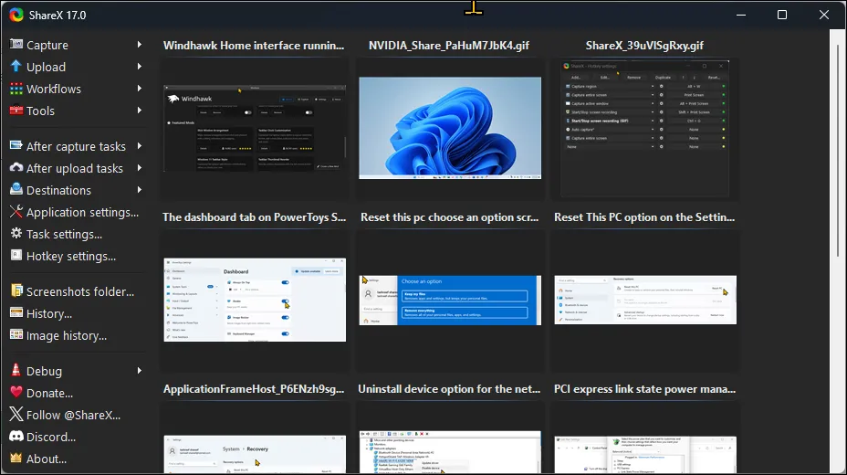 Giao diện người dùng chính của ShareX trên Windows 11, hiển thị các tùy chọn và công cụ nâng cao để chụp, quay màn hình và chia sẻ ảnh.