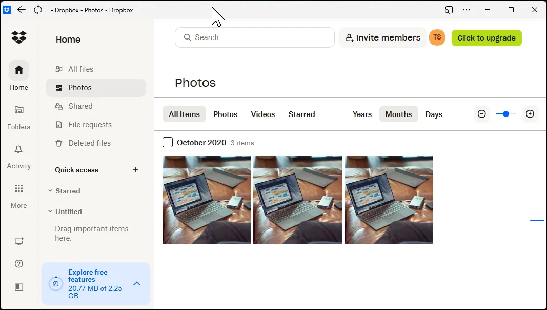 Giao diện người dùng Dropbox với tab Ảnh hiển thị các tùy chọn lưu trữ hình ảnh