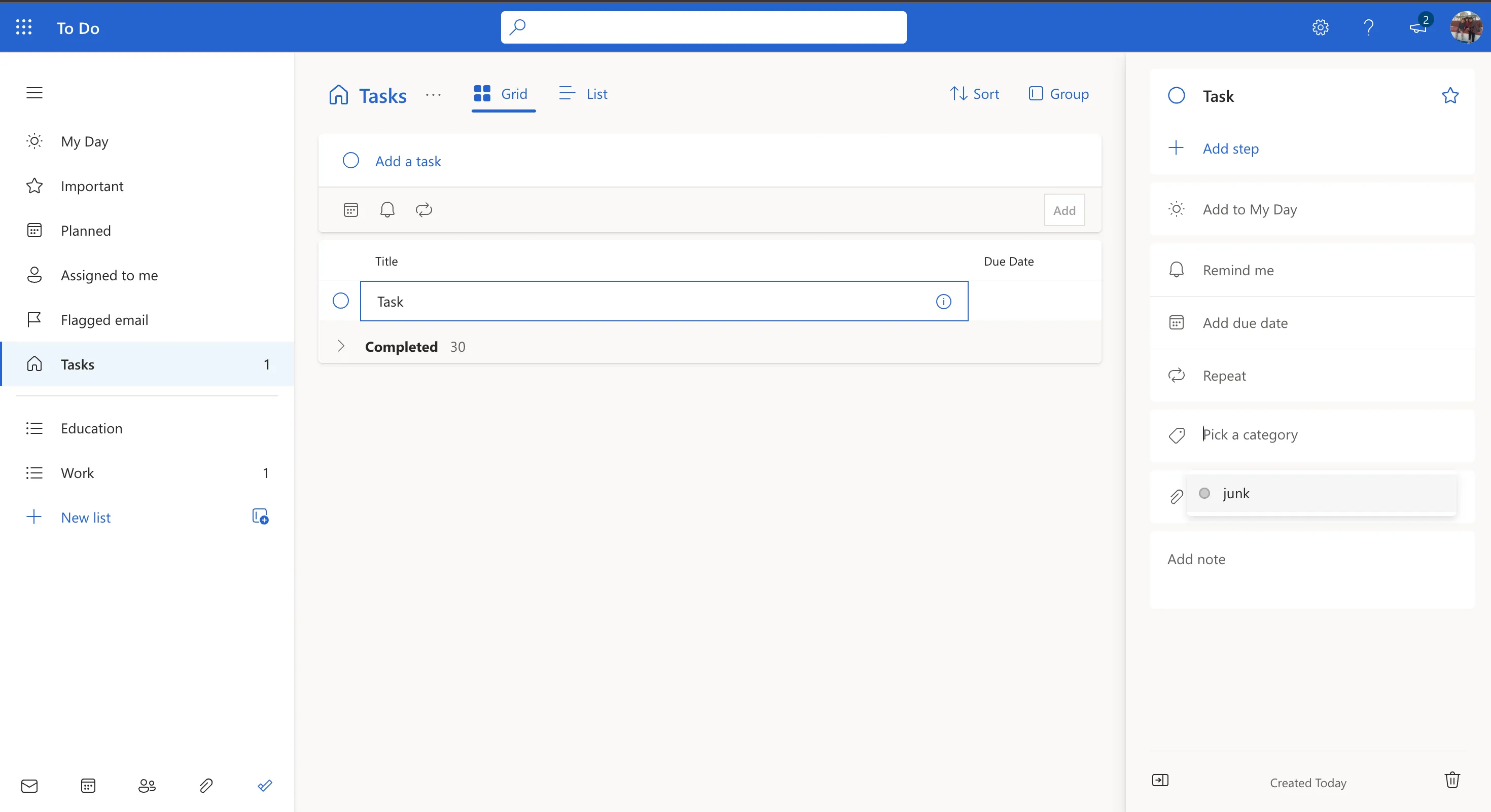 Giao diện người dùng Microsoft To Do với nhiều tab và tùy chọn