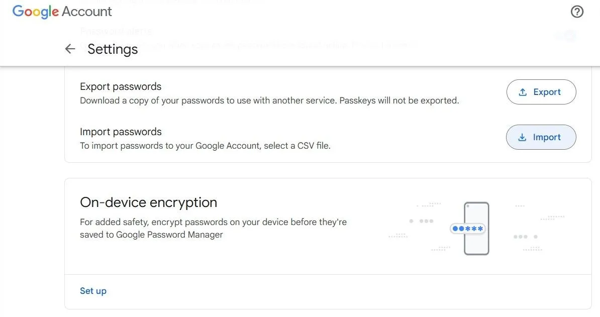 Giao diện nhập mật khẩu từ file CSV vào Google Password Manager cho điện thoại Android